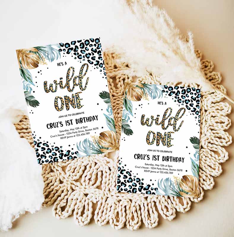 Wild One Leopard Print Jungle Kids Birthday, Blue Boy Leopard Print Wild One Kids Birthday Party