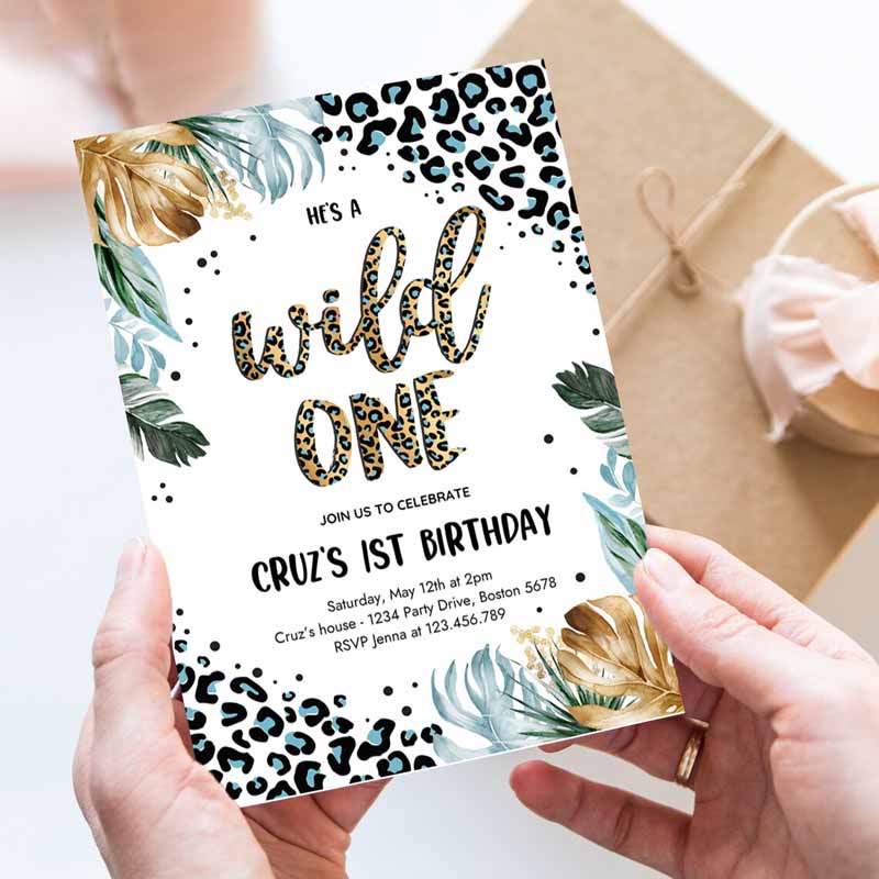 Wild One Leopard Print Jungle Kids Birthday, Blue Boy Leopard Print Wild One Kids Birthday Party