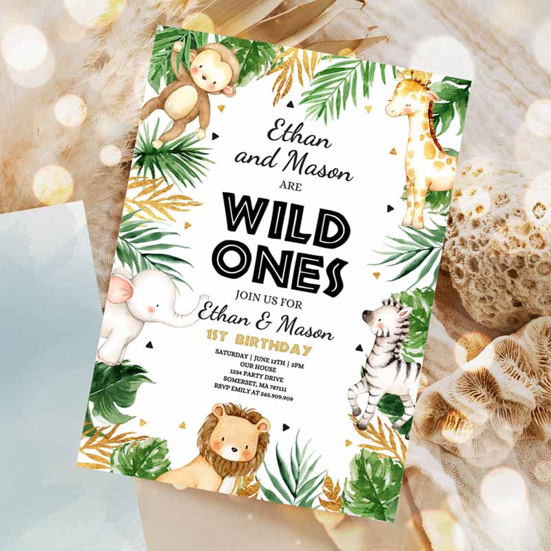 Wild One Twins Kids Birthday Invitation, Safari Animals Invitation, Twins Jungle Safari Animal Party, Gold Wild Ones