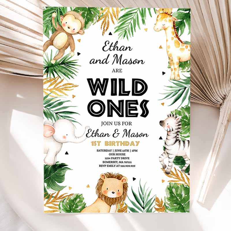 Wild One Twins Kids Birthday Invitation, Safari Animals Invitation, Twins Jungle Safari Animal Party, Gold Wild Ones