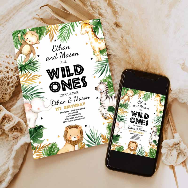 Wild One Twins Kids Birthday Invitation, Safari Animals Invitation, Twins Jungle Safari Animal Party, Gold Wild Ones