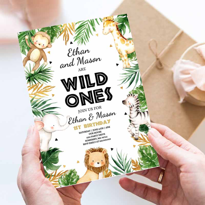 Wild One Twins Kids Birthday Invitation, Safari Animals Invitation, Twins Jungle Safari Animal Party, Gold Wild Ones