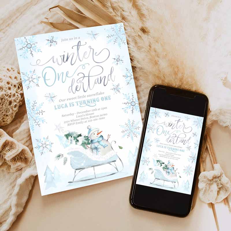 WINTER ONEderland Invitation, Blue Winter Sleigh Kids Birthday Invitation, Christmas Holiday Sleigh Kids Birthday Party