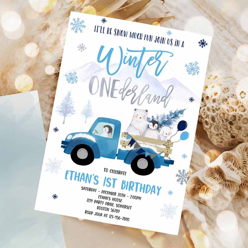 Winter ONEderland Invitation, Winter Blue Truck Kids Birthday, Penguin Polar Bear Winter ONEderland Party Invitation