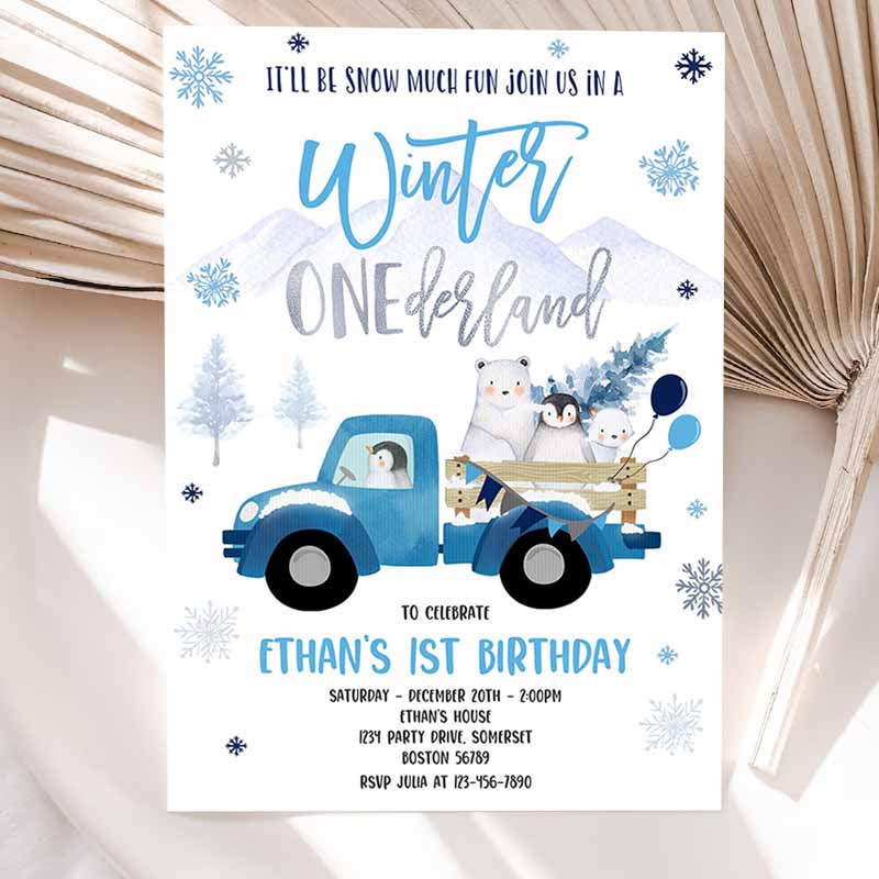 Winter ONEderland Invitation, Winter Blue Truck Kids Birthday, Penguin Polar Bear Winter ONEderland Party