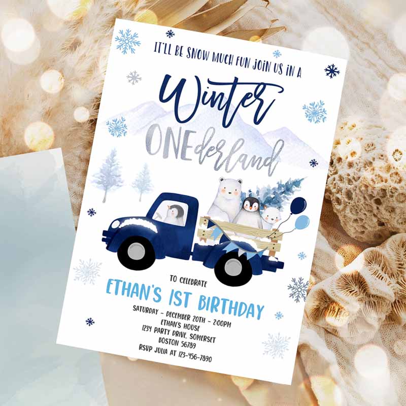 Winter ONEderland Invitation, Winter Navy Blue Truck Kids Birthday, Penguin Polar Bear Winter ONEderland Party Invitation