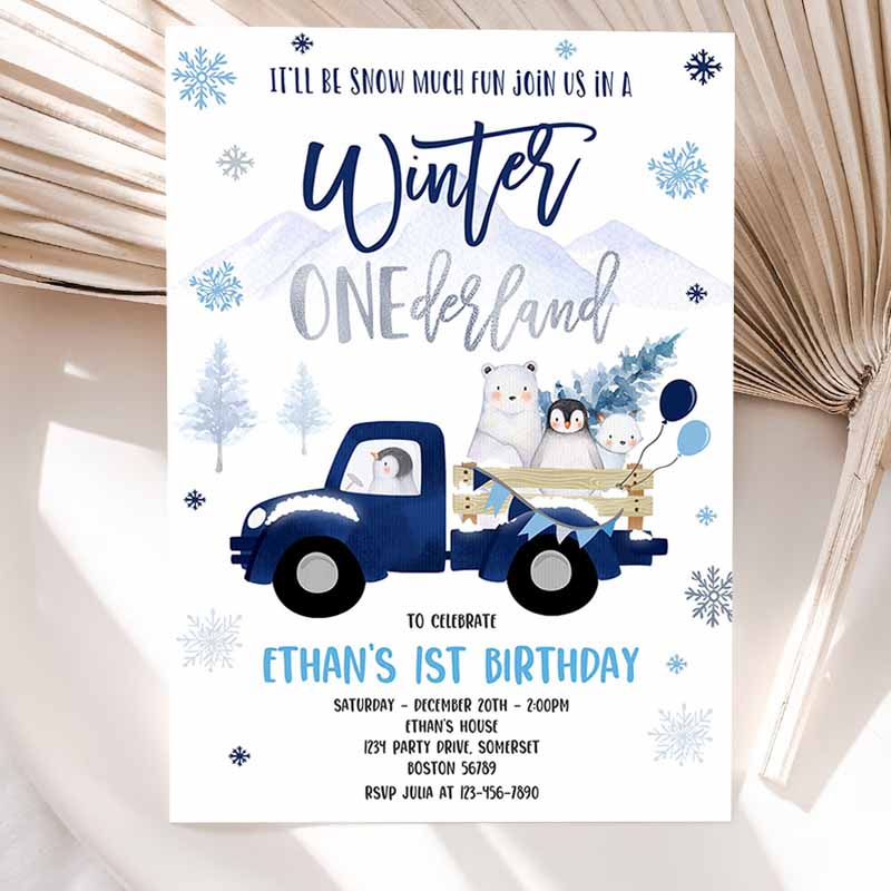 Winter ONEderland Invitation, Winter Navy Blue Truck Kids Birthday, Penguin Polar Bear Winter ONEderland Party