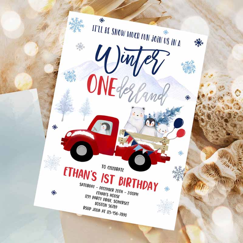 Winter ONEderland Invitation, Winter Red Truck Kids Birthday, Penguin Polar Bear Winter ONEderland Party Invitation