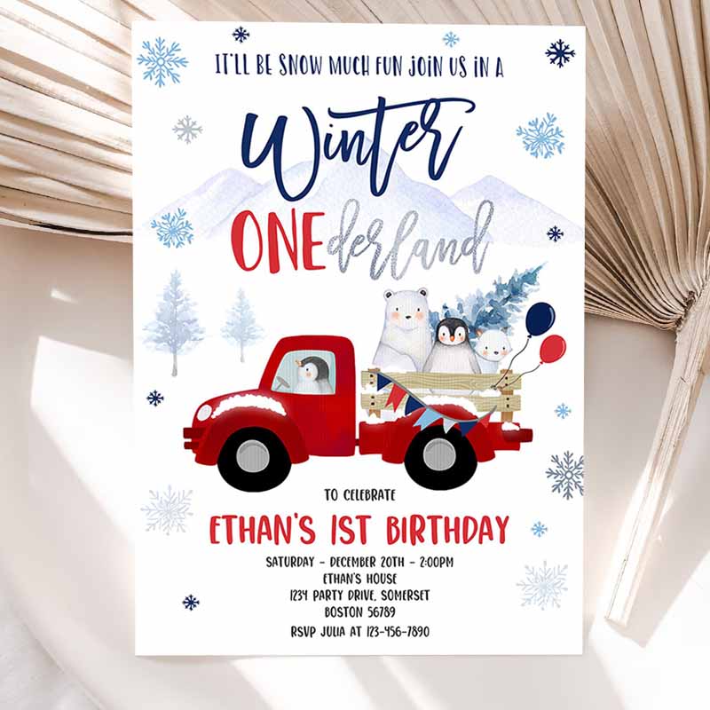 Winter ONEderland Invitation, Winter Red Truck Kids Birthday, Penguin Polar Bear Winter ONEderland Party