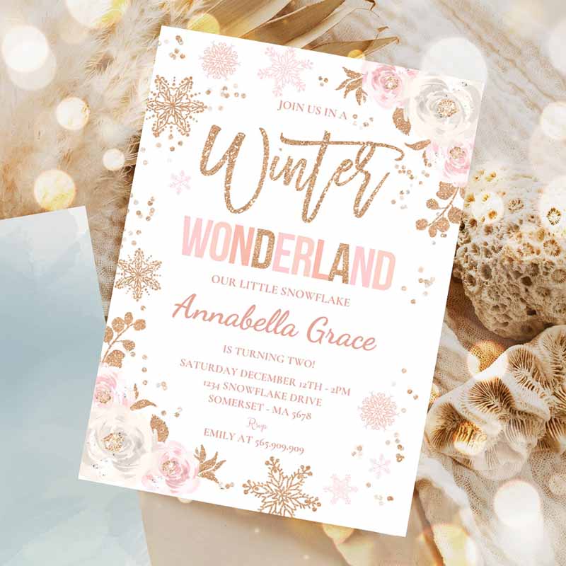 Winter Wonderland Kids Birthday Invitation, Pink & Rose Gold Winter Wonderland Party, Floral Winter Wonderland Party