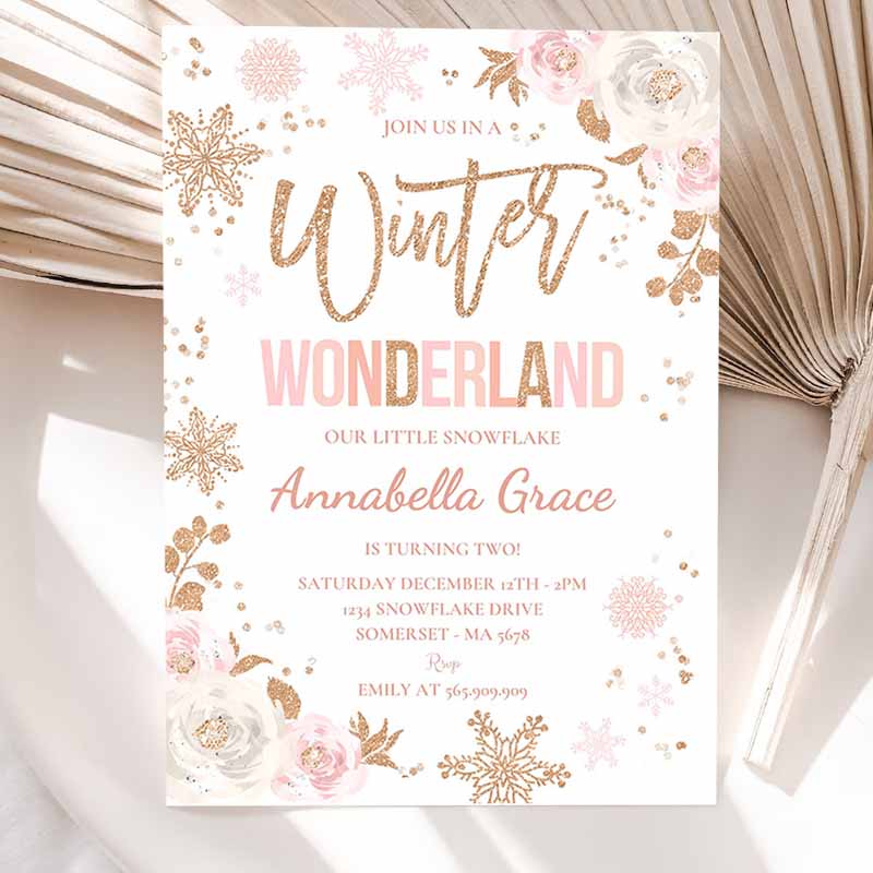 Winter Wonderland Kids Birthday Invitation, Pink & Rose Gold Winter Wonderland Party, Floral Winter Wonderland Party