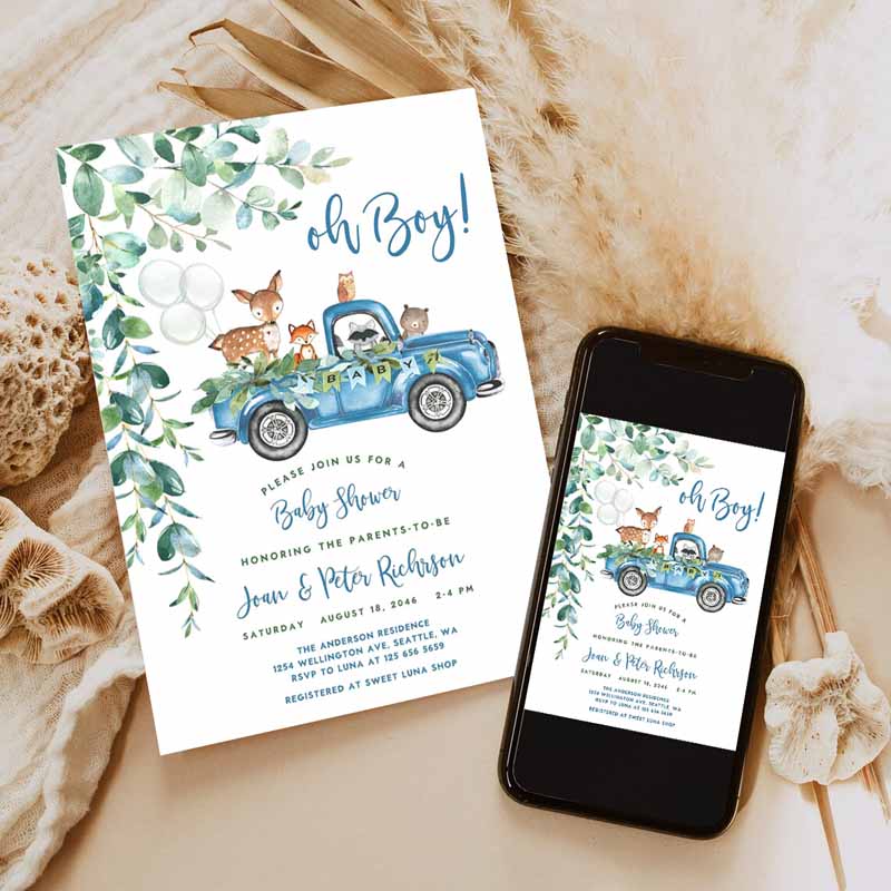 Woodland Blue Truck Baby Shower Invitation, Boy Blue Pickup Truck Greenery Woodland Animal Bear Invite Invitation