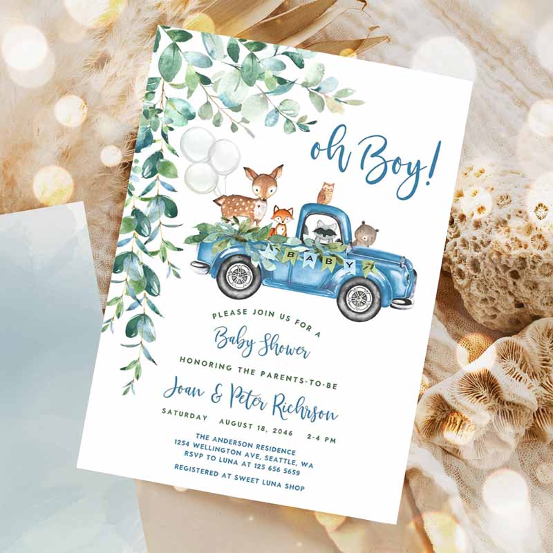 Woodland Blue Truck Baby Shower Invitation, Boy Blue Pickup Truck Greenery Woodland Animal Bear