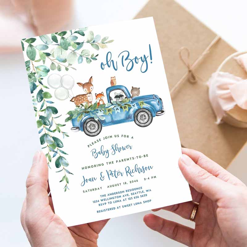 Woodland Blue Truck Baby Shower Invitation, Boy Blue Pickup Truck Greenery Woodland Animal Bear