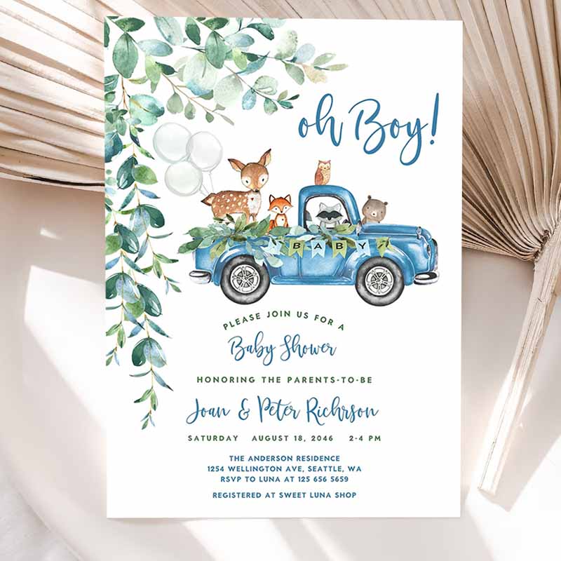 Woodland Blue Truck Baby Shower Invitation, Boy Blue Pickup Truck Greenery Woodland Animal Bear