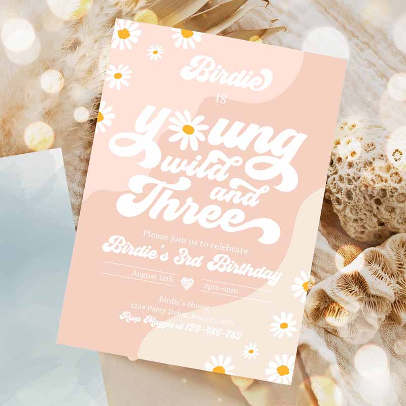 Young Wild and Three Kids Birthday Invitation, Boho Daisy Wild Three Groovy Hippie Floral 's Hippie Party