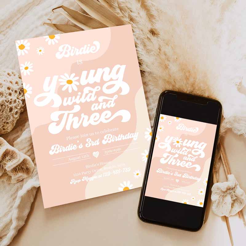 Young Wild and Three Kids Birthday Invitation, Boho Daisy Wild Three Groovy Hippie Floral 's Hippie Party