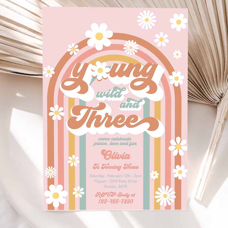 Young Wild and Three Kids Birthday Invitation, Peace Love Groovy Rainbow Party