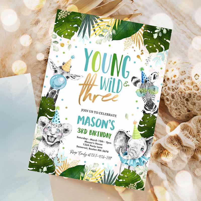 Young Wild and Three Kids Birthday Invitation, Safari Animals Wild Kids Birthday Party, Gold Monochrome Jungle Party