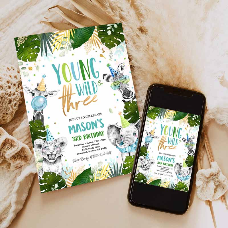 Young Wild and Three Kids Birthday Invitation, Safari Animals Wild Kids Birthday Party, Gold Monochrome Jungle Party