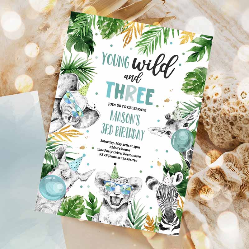 Young Wild and Three Kids Birthday Invitation, Safari Animals Wild Kids Birthday Party, Gold Monochrome Jungle Party Invitation