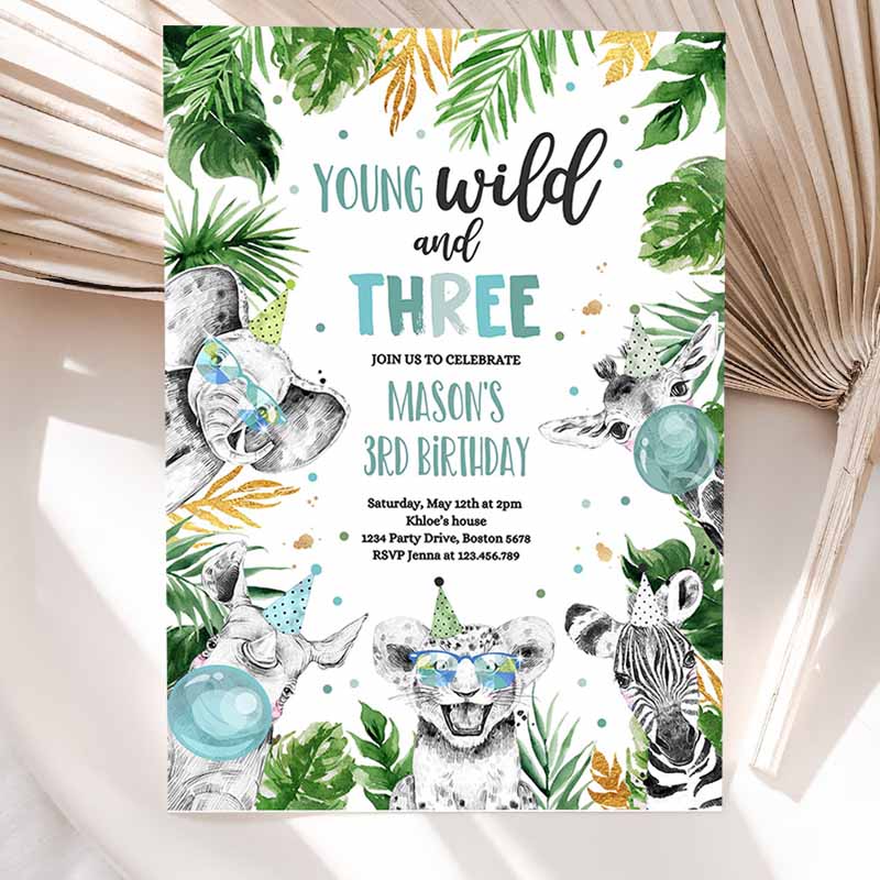 Young Wild and Three Kids Birthday Invitation, Safari Animals Wild Kids Birthday Party, Gold Monochrome Jungle Party Invitation