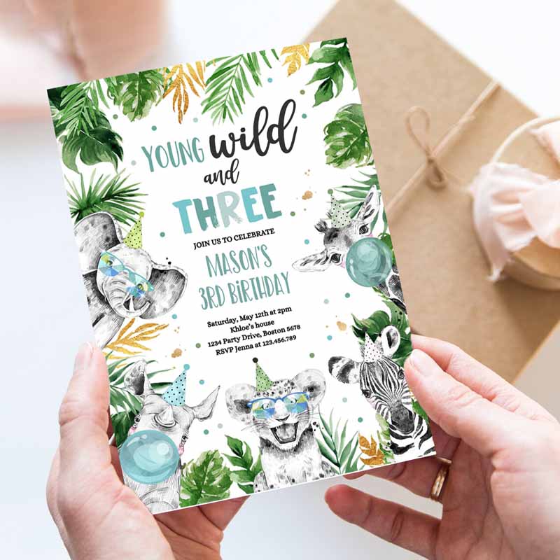 Young Wild and Three Kids Birthday Invitation, Safari Animals Wild Kids Birthday Party, Gold Monochrome Jungle Party Invitation