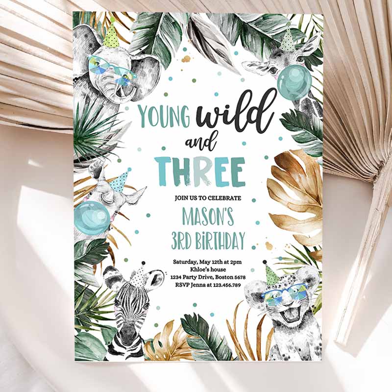 Young Wild and Three Kids Birthday, Retro Sunshine Kids Birthday, Daisy Hippie Rainbow Sunshine Kids Birthday Invitation