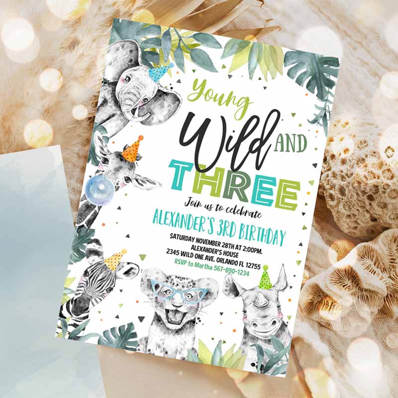 Young Wild and Three Invitation, Boy Safari Animals Zoo invite Jungle Animals Invitation