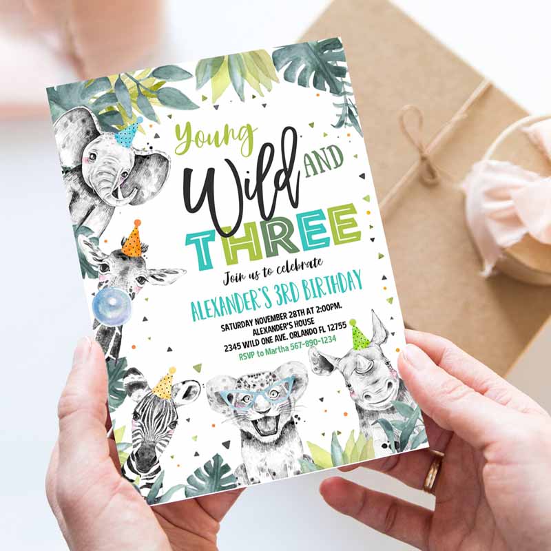 Young Wild and Three Invitation, Boy Safari Animals Zoo invite Jungle Animals