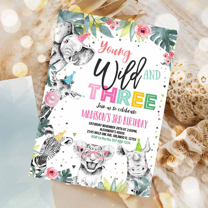 Young Wild and Three Invitation, Girl Pink and Gold Safari Animals Zoo Invitation