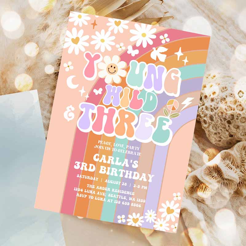 Young Wild and Three Invite Daisy Rainbow Groovy Kids Birthday, Invite Hippie Retro Kids Birthday Invitation