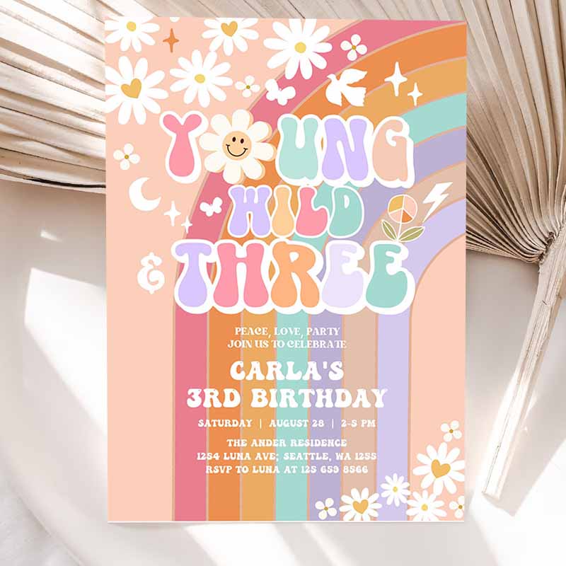 Young Wild and Three Invite Daisy Rainbow Groovy Kids Birthday, Invite Hippie Retro Kids Birthday Invitation