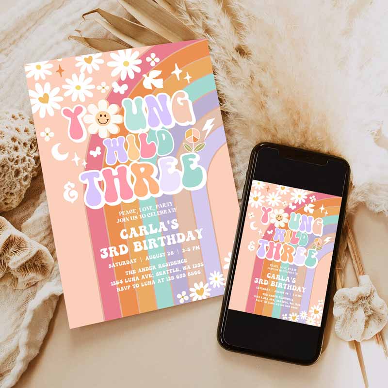 Young Wild and Three Invite Daisy Rainbow Groovy Kids Birthday, Invite Hippie Retro Kids Birthday Invitation