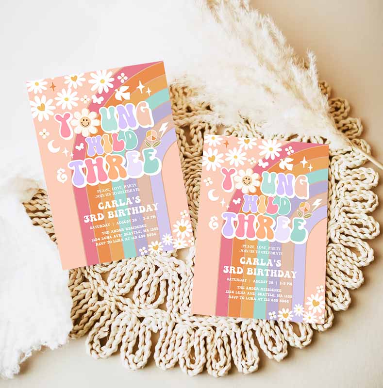 Young Wild and Three Invite Daisy Rainbow Groovy Kids Birthday, Invite Hippie Retro Kids Birthday Invitation