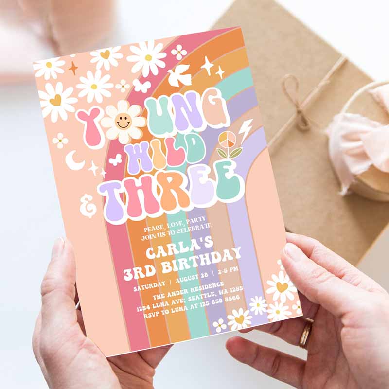 Young Wild and Three Invite Daisy Rainbow Groovy Kids Birthday, Invite Hippie Retro Kids Birthday Invitation