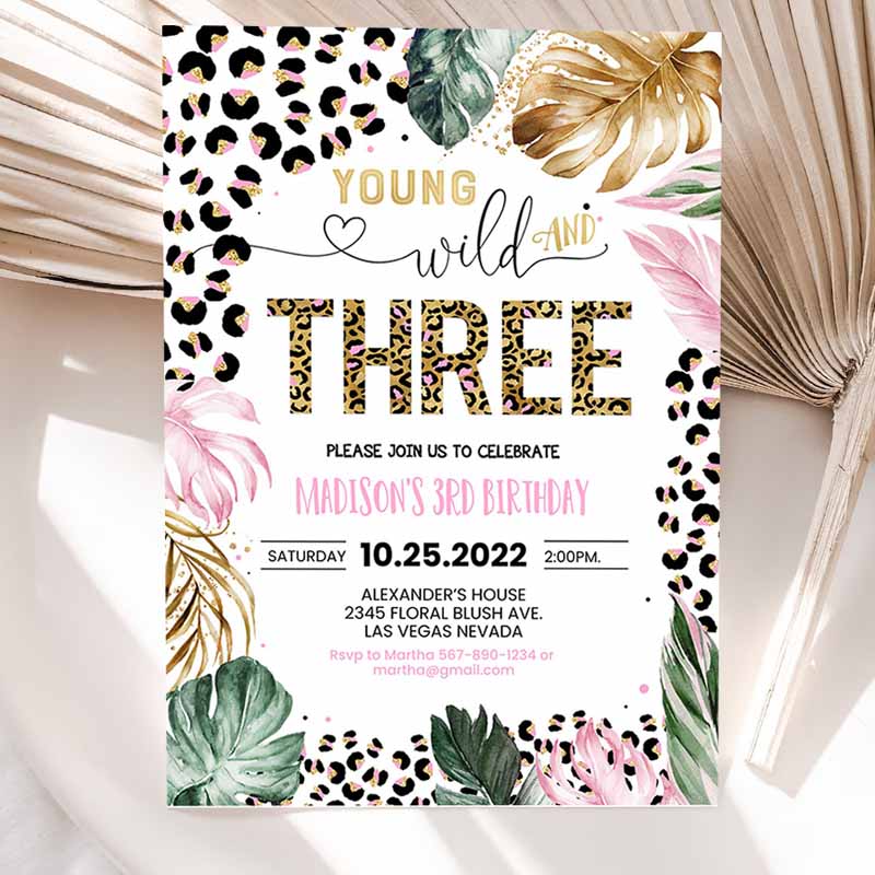 Young Wild and Three Leopard Print Jungle Kids Birthday, Leopard Print Wild and Three Kids Birthday Party