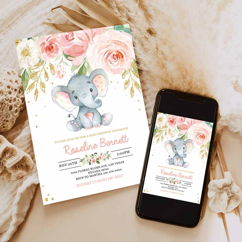 Elephant Baby Shower Invitation, Girl Pink and Gold Shower Invitations, Jungle Safari Shower Invite Floral Flower Invitation