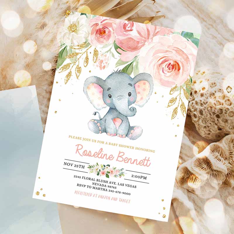 Elephant Baby Shower Invitation, Girl Pink and Gold Shower Invitations, Jungle Safari Shower Invite Floral Flower