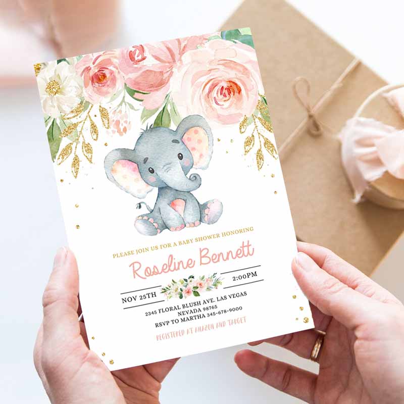 Elephant Baby Shower Invitation, Girl Pink and Gold Shower Invitations, Jungle Safari Shower Invite Floral Flower