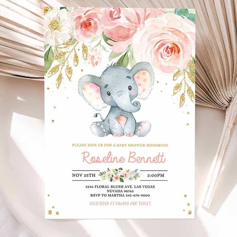 Elephant Baby Shower Invitation, Girl Pink and Gold Shower Invitations, Jungle Safari Shower Invite Floral Flower