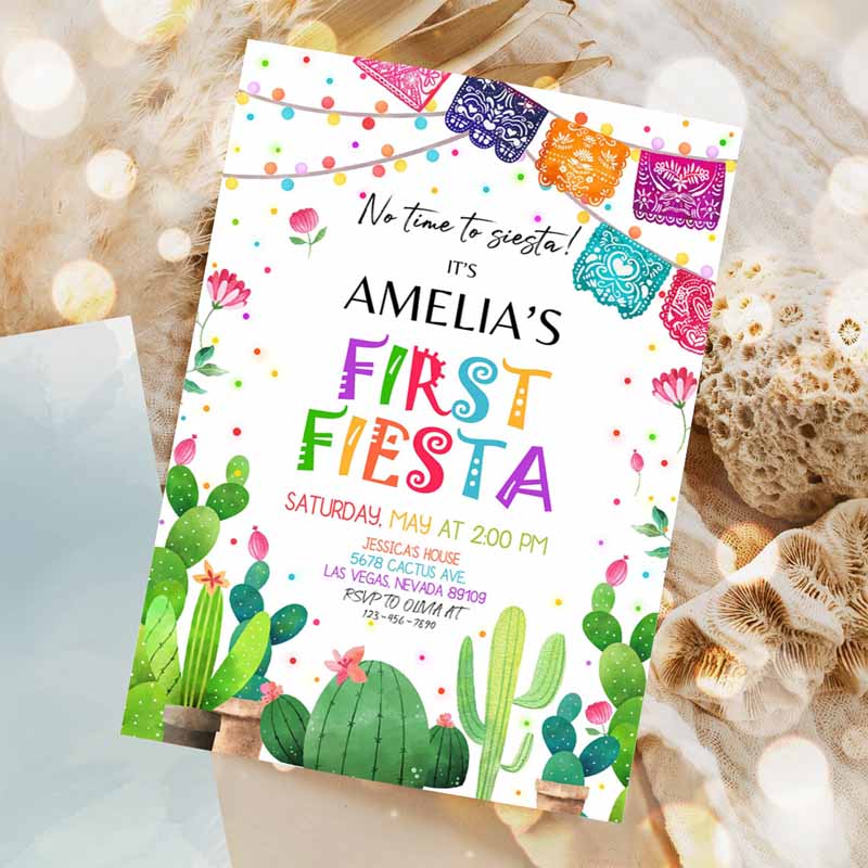 Fiesta Invitation, Kids Birthday Party, Invite First Cactus Mexican Holiday Kids Cinco De Mayo Margarita Succulent Dessert