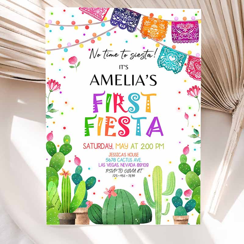 Fiesta Invitation, Kids Birthday Party, Invite First Cactus Mexican Holiday Kids Cinco De Mayo Margarita Succulent Dessert