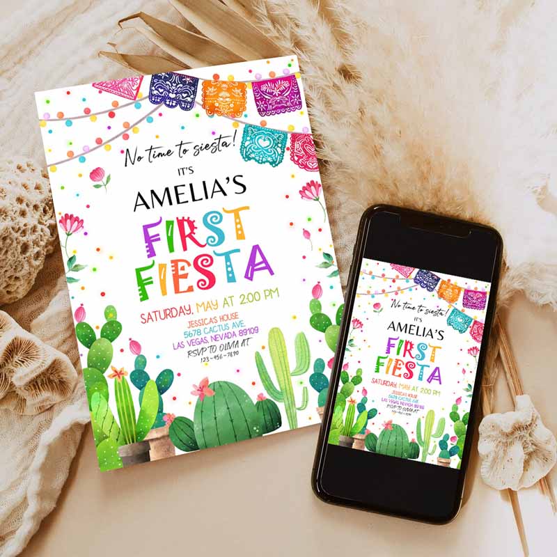 Fiesta Invitation, Kids Birthday Party, Invite First Cactus Mexican Holiday Kids Cinco De Mayo Margarita Succulent Dessert