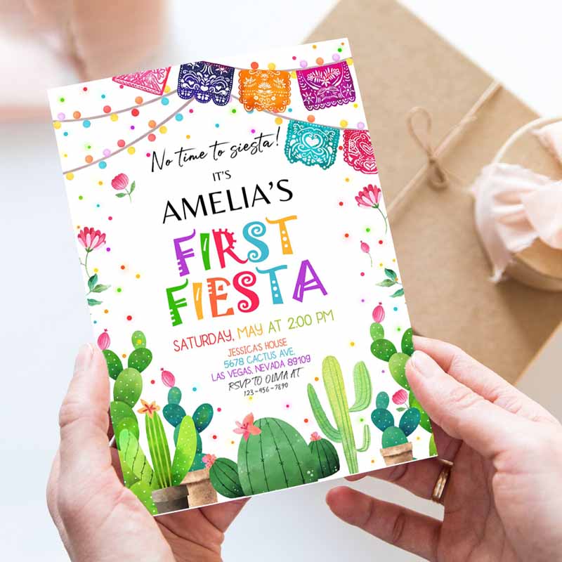 Fiesta Invitation, Kids Birthday Party, Invite First Cactus Mexican Holiday Kids Cinco De Mayo Margarita Succulent Dessert