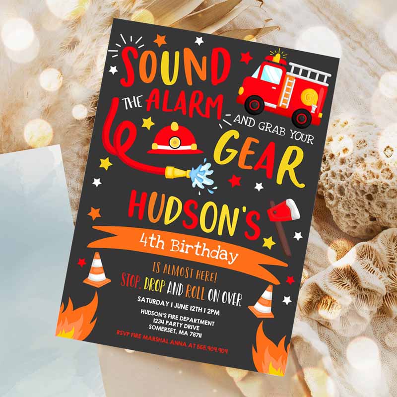 Firetruck Invitation, Firetruck Kids Birthday Invitation, Firefighter Kids Birthday, Invite Fireman Kids Birthday Invitation