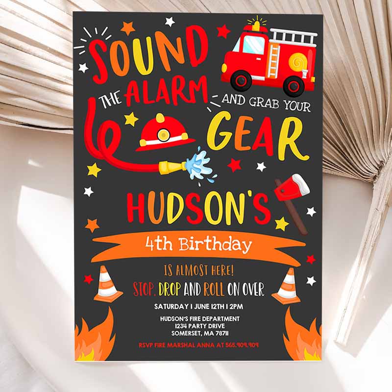 Firetruck Invitation, Firetruck Kids Birthday Invitation, Firefighter Kids Birthday, Invite Fireman Kids Birthday Invitation