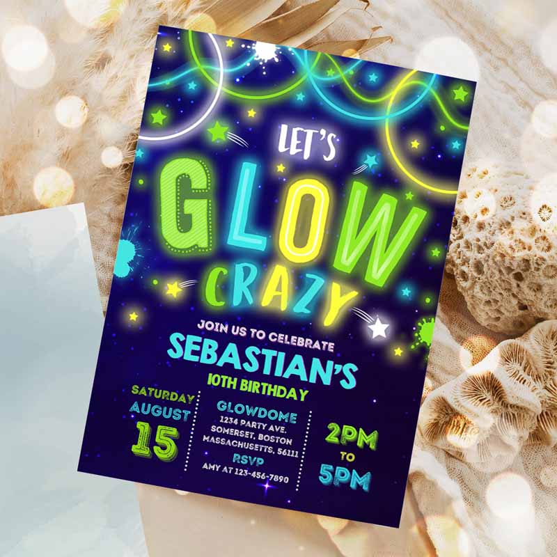 Glow Kids Birthday Invitation, Glow Invitation, Neon Glow Invitation, Neon Glow Party, Glow Ine Dark Kids Birthday Party