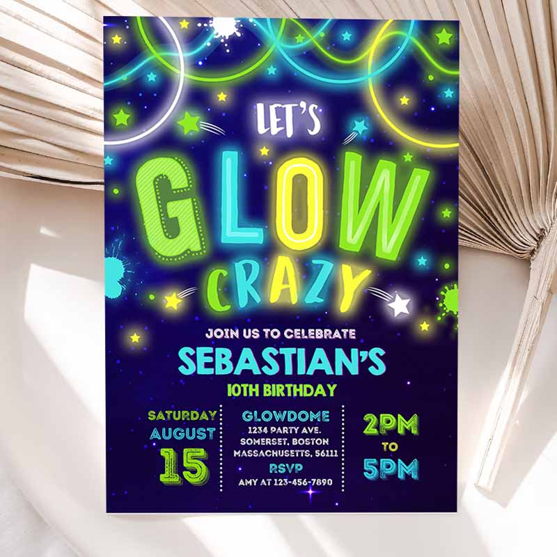 Glow Kids Birthday Invitation, Glow Invitation, Neon Glow Invitation, Neon Glow Party, Glow Ine Dark Kids Birthday Party