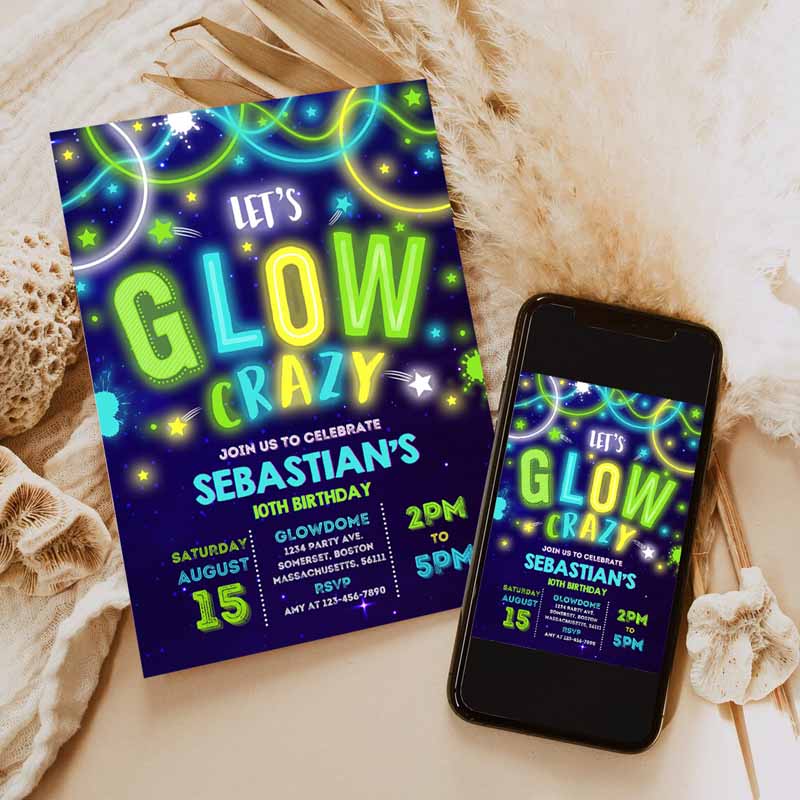 Glow Kids Birthday Invitation, Glow Invitation, Neon Glow Invitation, Neon Glow Party, Glow Ine Dark Kids Birthday Party